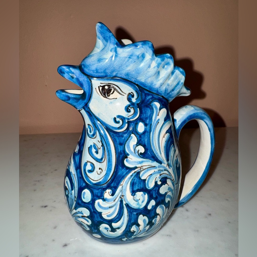 Caltagirone Traditional Ceramic Rooster Jug in Blue and White Scrolled Design